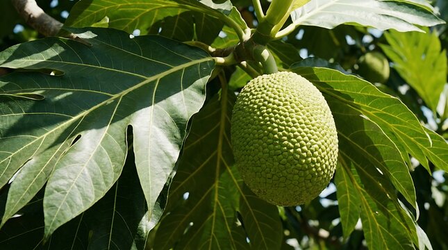 Unripe Breadfruit Hanging from a Tree Branch green