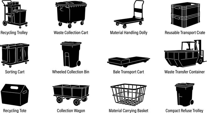 Waste Management and Material Handling Carts Vector Icon Set