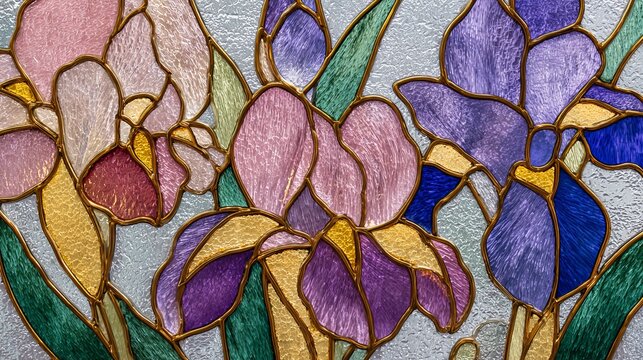 Intricate stained glass window featuring vibrant purple pink and golden iris flowers crafted with exquisite lead cames and artistic detail