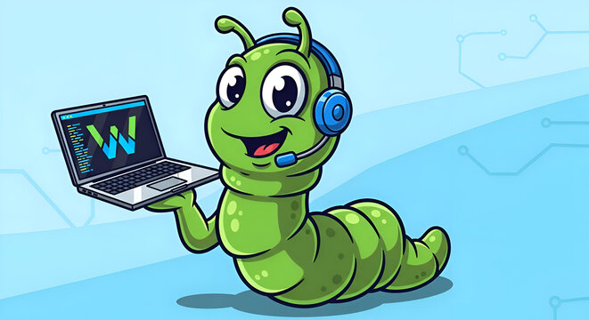 Friendly cartoon worm wearing headset and holding laptop showcasing coding with a modern W logo, ideal for tech support and software concepts