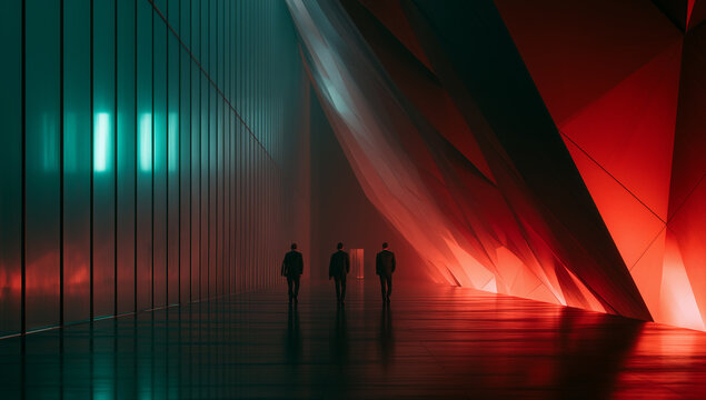 corporate professionals walking through a futuristic glass corridor, elegant business executives in a modern illuminated hallway, formal business people in a office interior