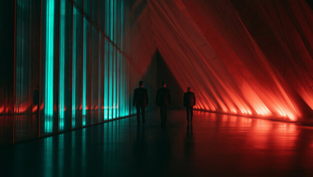 corporate professionals walking through a futuristic glass corridor, elegant business executives in a modern illuminated hallway, formal business people in a office interior