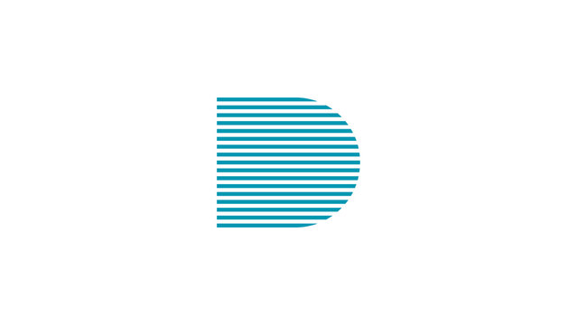 Minimalist geometric logo element featuring a blue letter D shape constructed from parallel horizontal lines