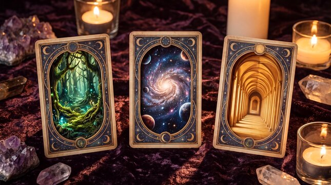 tarot cards portals forest galaxy doorway mystical divination spiritual journey Three upright cards reveal an enchanted green forest a star filled cosmos and a glowing golden corridor offering