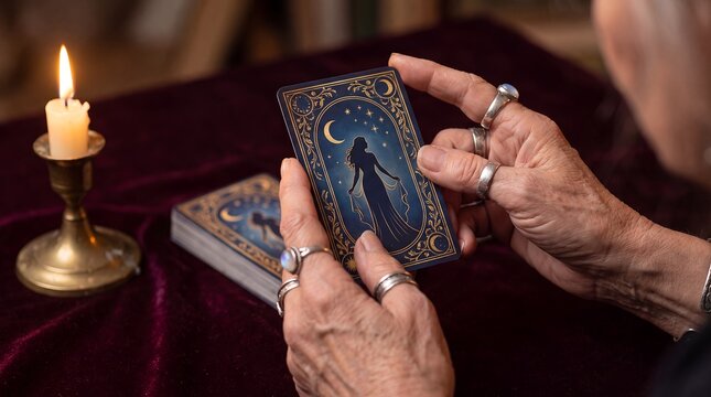 fortune teller tarot card reading senior woman divination candle mystical Older jeweled hands hold a moon themed card beside a burning candle and stacked deck suggesting experienced wisdom private