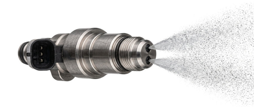 Fuel injector nozzle spraying mist automotive engine part atomizing liquid fuel for efficient combustion performance mechanical technology detail on black background studio macro shot close up view