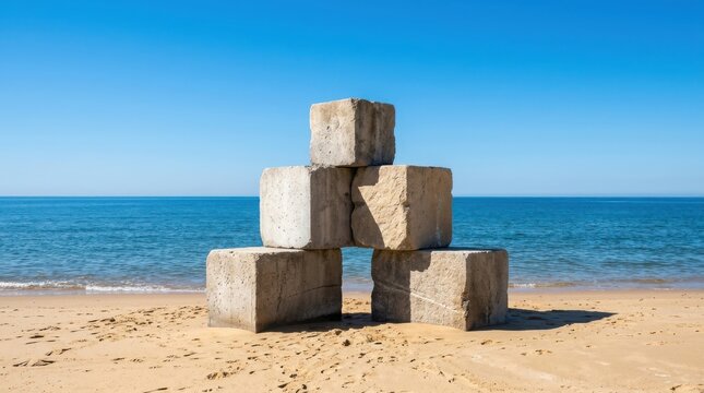 Concrete blocks stacked in a pyramid on a sandy beach