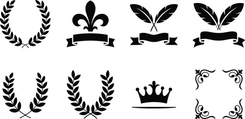 Vintage heraldic logo icon set featuring laurel wreath fleur de lis feather quill crown and corner borders © Majeda