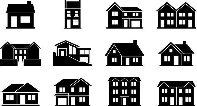 House types and residential building styles icon set with cottage townhouse duplex and mansion