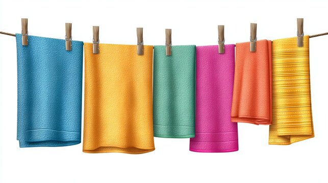 Vibrant multicolored cotton towels hanging on a rustic wooden clothesline against a clean white background in bright natural sunlight
