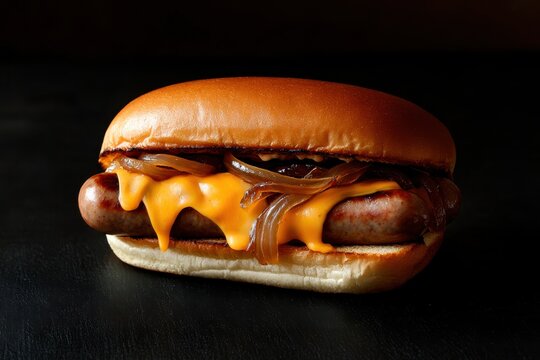 Bratwurst sandwich with melted cheddar cheese and caramelized onion on black background
