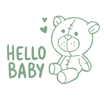 Sweet vector sticker cuddly teddy bear with Hello Baby lettering and hearts, celebrating newborn arrival, pregnancy, baby showers, nursery life and family love.