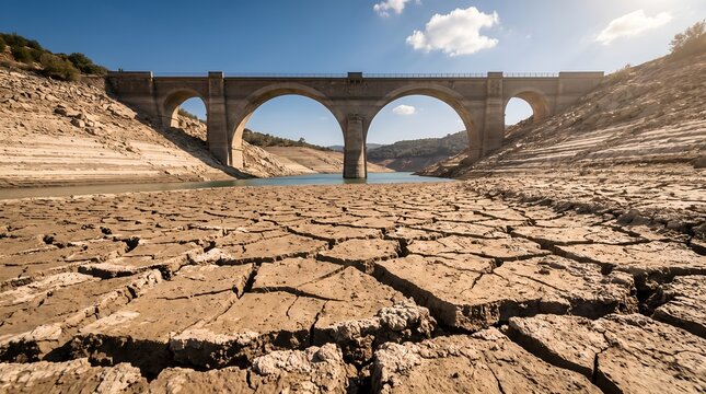 Severe drought conceptual landscape with cracked earth foreground and historic stone bridge representing water scarcity and environmental climate crisis