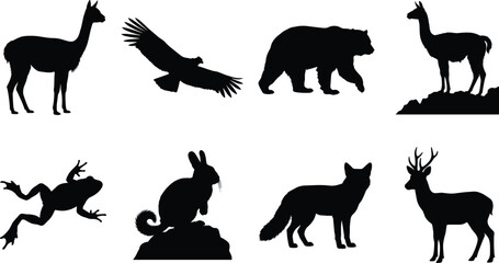 Naklejka premium Wild Animal Black Silhouette Vector Set Featuring Bear Deer Fox Eagle Rabbit Frog and Llama Collection