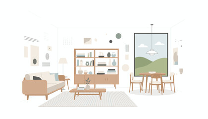 Fototapeta premium Minimalist home interior features a comfortable living room with a sofa furniture set and an adjacent dining area decorated with wall artwork.