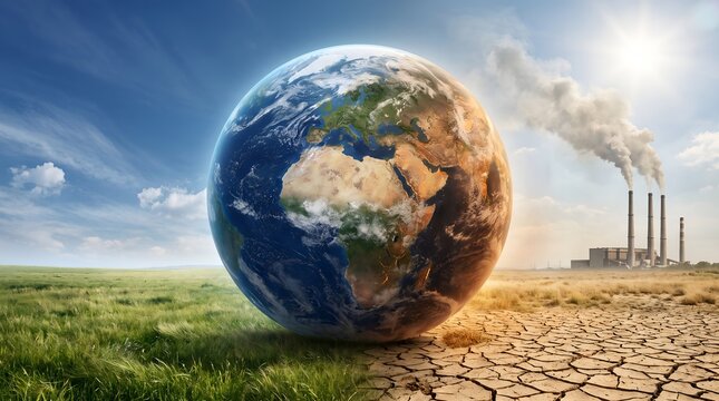 Global environmental crisis metaphor featuring earth resting between healthy green fields and industrial pollution with cracked soil