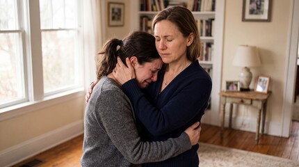 Fototapeta premium emotional support crying woman older friend embrace comfort empathy home mature companion holds a distressed younger woman close and provides a safe reassuring embrace in a living room