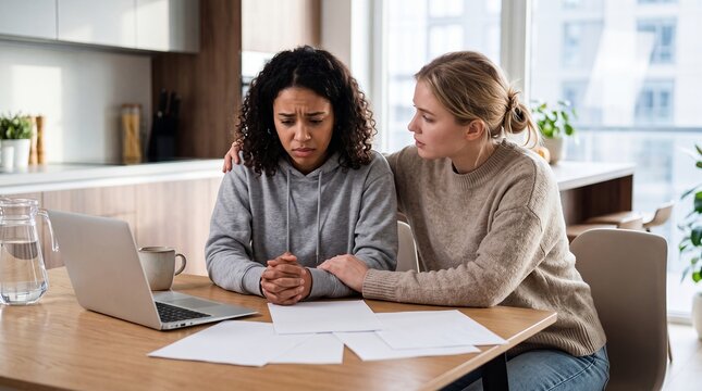 financial stress woman friend support bills laptop comfort empathy home caring companion reassures a distressed woman reviewing paperwork and expenses at a kitchen table with a computer