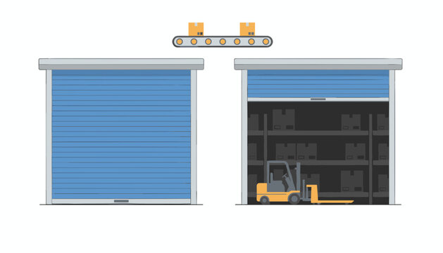 Industrial warehouse loading bay features a closed rolling door and an open bay with a forklift organizing boxes on storage shelving.