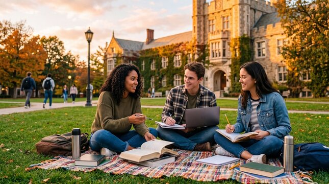 Diverse college students studying together on campus lawn during autumn sunset.