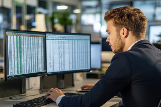 Office worker with two monitors analyzing excel spreadsheet data at desk