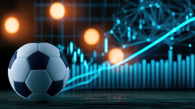 Soccer ball with digital network and financial chart overlay
