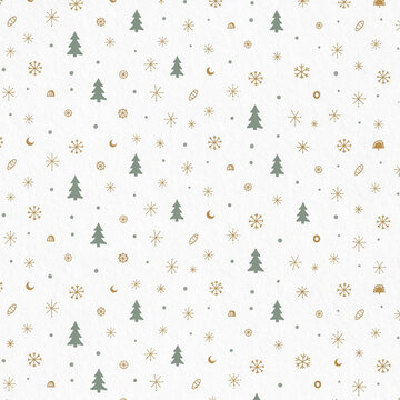 Seamless Christmas pattern background with textured cream white paper surface, sage green pine tree icons and gold snowflake shapes for cozy festive flat illustration design