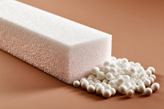 Solid white foam block with expanded polystyrene beads scattered beside it