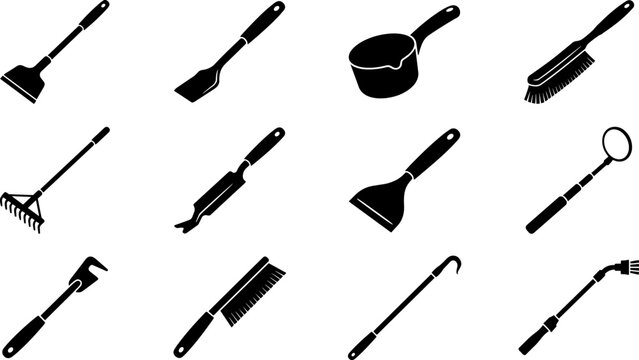 Garden and yard maintenance tools icon set with hoe rake scraper brush and transplanter
