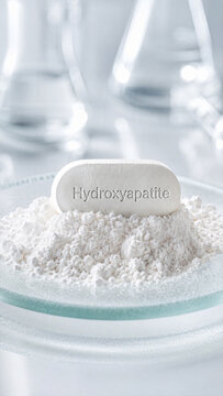 A hydroxyapatite tablet is placed on a mound of white powder in a laboratory. Clear glass beakers and test tubes are present in the background. The scene captures a scientific setup