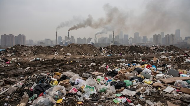 Massive garbage landfill and heavy industrial smog highlighting environmental pollution crisis and global warming impact on urban landscape