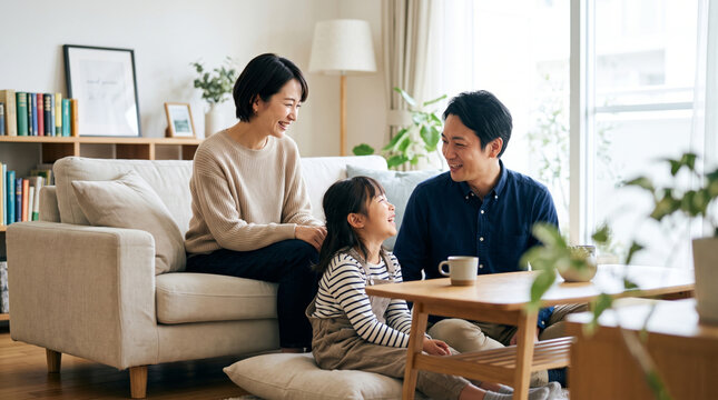 明るいリビングで笑顔で団らんする3人家族