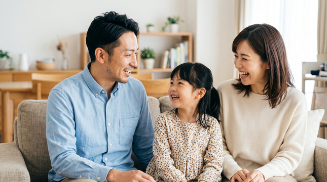 リビングのソファで笑顔で会話を楽しむ幸せな3人家族