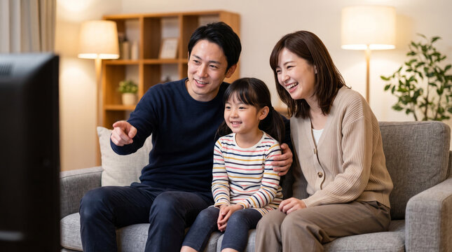 リビングのソファで笑顔でテレビ観賞を楽しむ3人家族