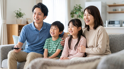 Fototapeta premium リビングのソファに座り笑顔でテレビを観る仲良し4人家族