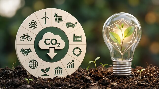 Carbon footprint reduction concept featuring glowing plant in lightbulb and eco icons symbolizing zero emission and green energy innovation