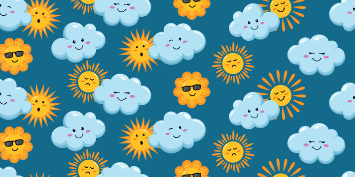 Cute sun and cloud seamless pattern featuring smiling cartoon weather characters with playful faces on a blue background for kids