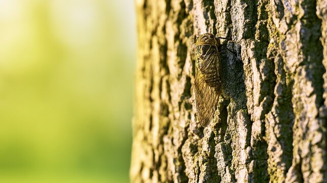 Summer cicada on tree bark with wings raised, macro detail of body structure, green natural blur