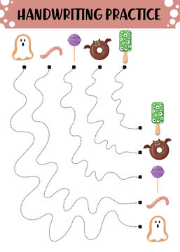 Halloween handwriting practice worksheet featuring curved dotted tracing paths with ghosts, candy, lollipops and spooky treats for preschool learning
