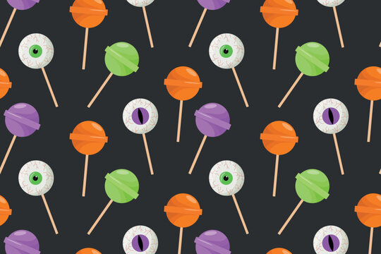 Halloween seamless pattern featuring spooky eyeball lollipops and colorful orange, green and purple candy on a dark background