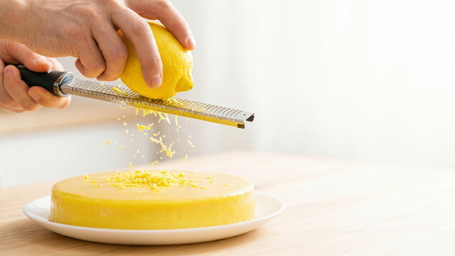 Hands grating lemon zest over yellow cake on wooden table, enhancing dessert with fresh citrus flavor.