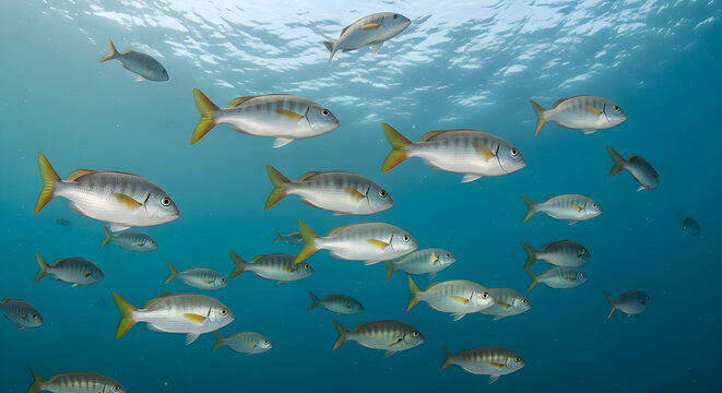 School of tropical fish swimming in the deep blue ocean
