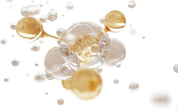 Bio cosmetic lab 3d background with gold molecule in liquid transparent bubble. Collagen peptide serum drops with hyaluronic acid for glowing skin. Hair oil with argan and biotin