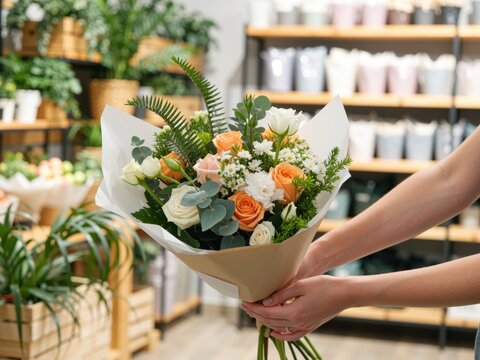Florist handing a wrapped bouquet of peach roses to a customer in a flower shop