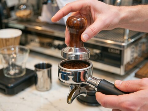Barista pressing ground coffee into a portafilter with a wooden tamper at an espresso machine