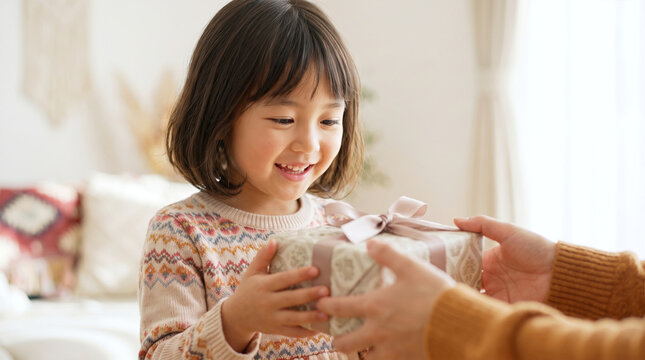 プレゼントをもらって笑顔を見せる幼い女の子