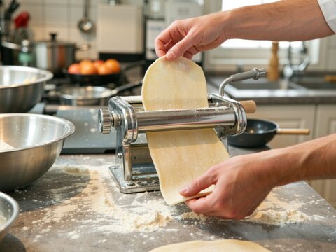 Cook feeding a sheet of fresh pasta dough through a hand crank pasta machine