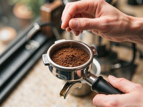 Barista distributing freshly ground coffee inside a portafilter basket before tamping