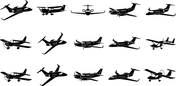 Private Jet Silhouette Icons &ndash; Small Plane Aviation Vector Bundle