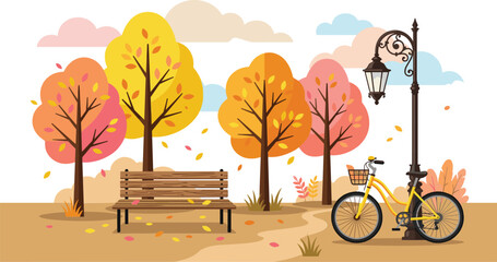 Naklejka premium Autumn Park Landscape Vector Illustration Featuring Colorful Trees Wooden Bench Path Street Lamp and Yellow Bicycle with Basket (19 words)